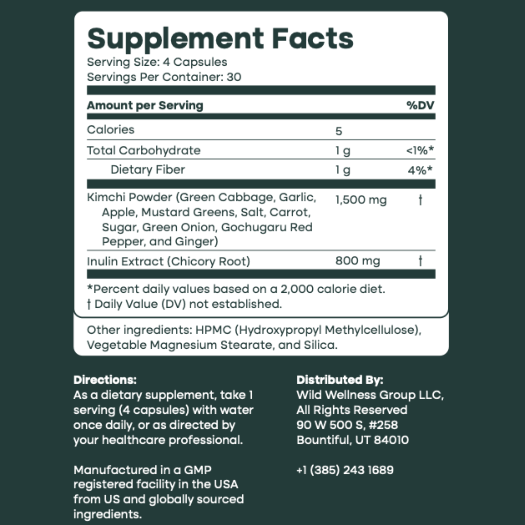 Supplement Facts label for FroBio freeze-dried kimchi capsules, listing serving size, ingredients, and directions